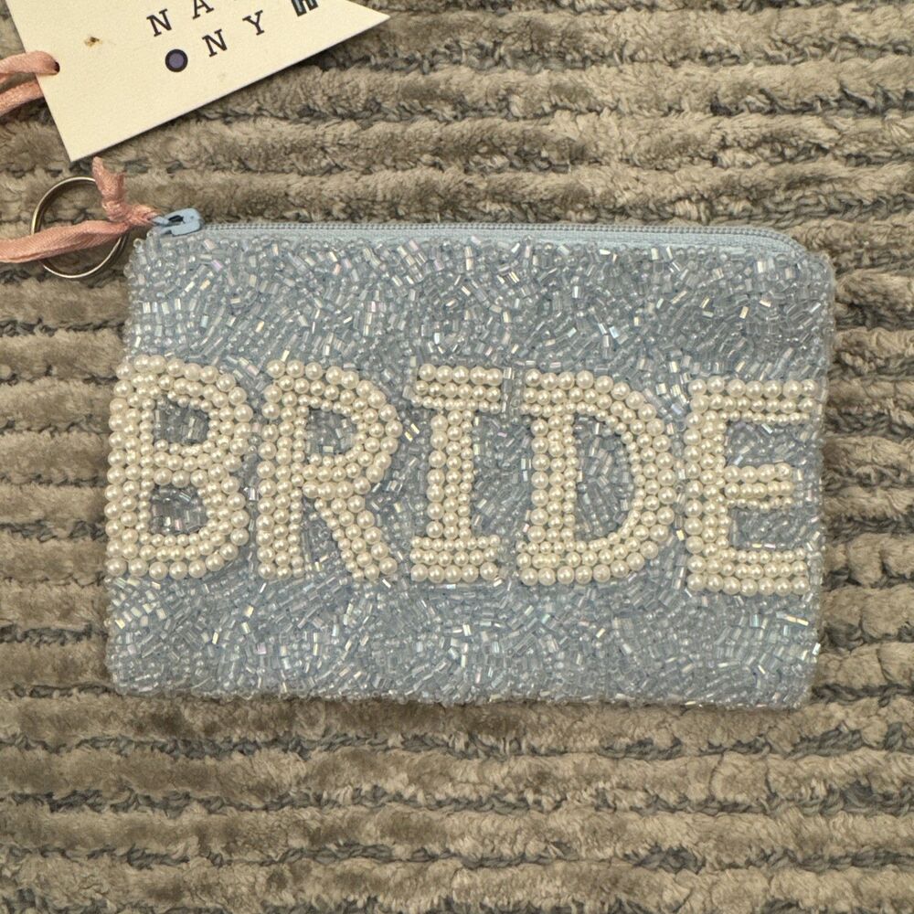 NWT Tiana NY Beaded “Bride” Coin Purse in light blue with pearl writing